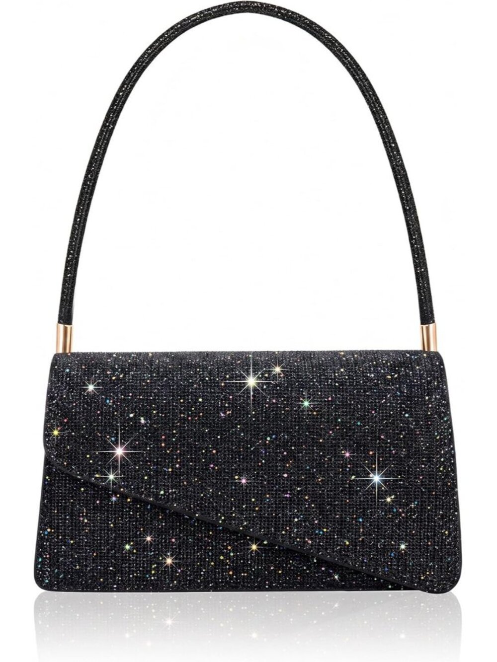 Women Black Asymmetrical Flap Girl Glitter Handbags Formal Party Clutch Purses